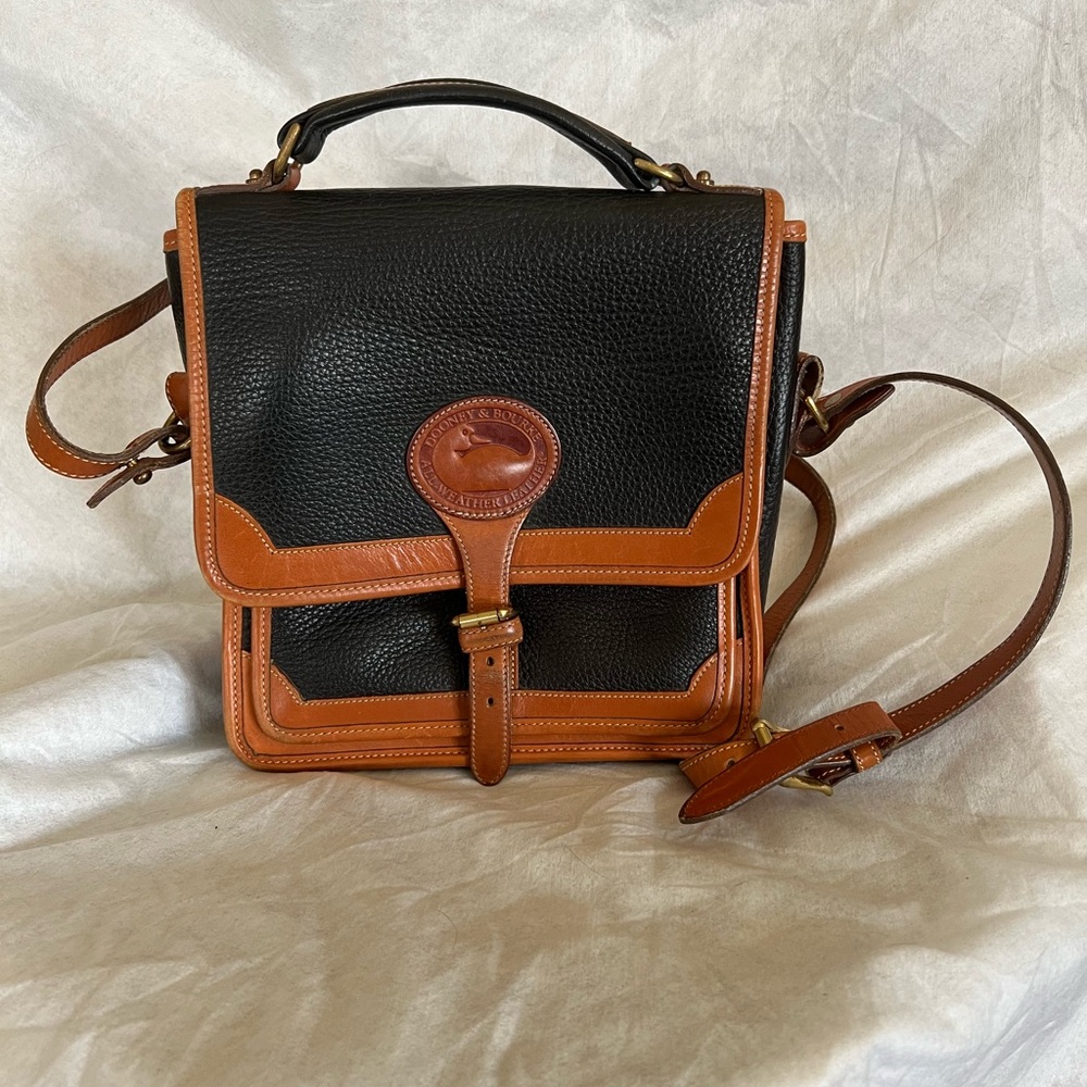 Vintage Dooney & Bourke Black and Tan Leather Messenger Bag